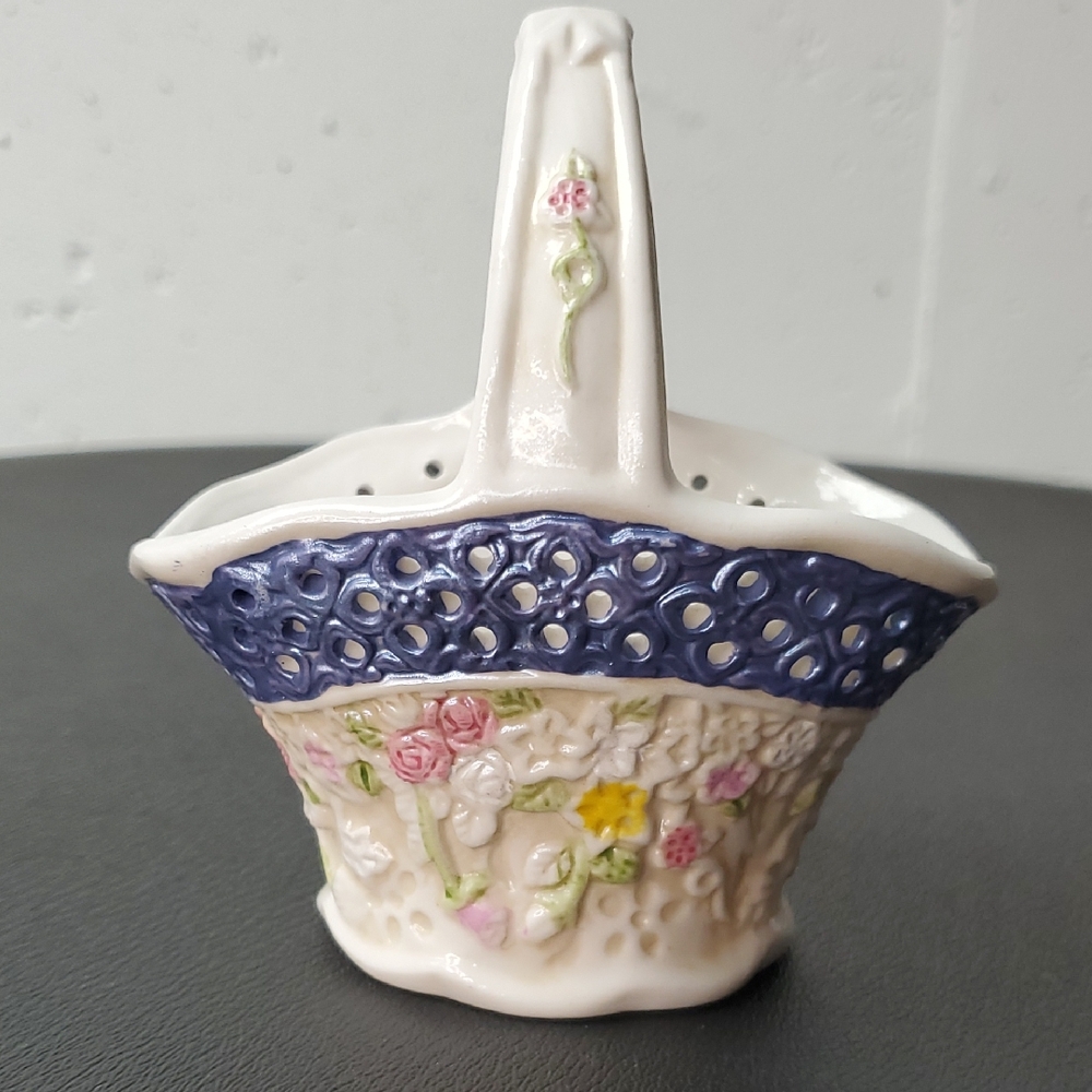 Floral Ceramic Basket with Blue Accents